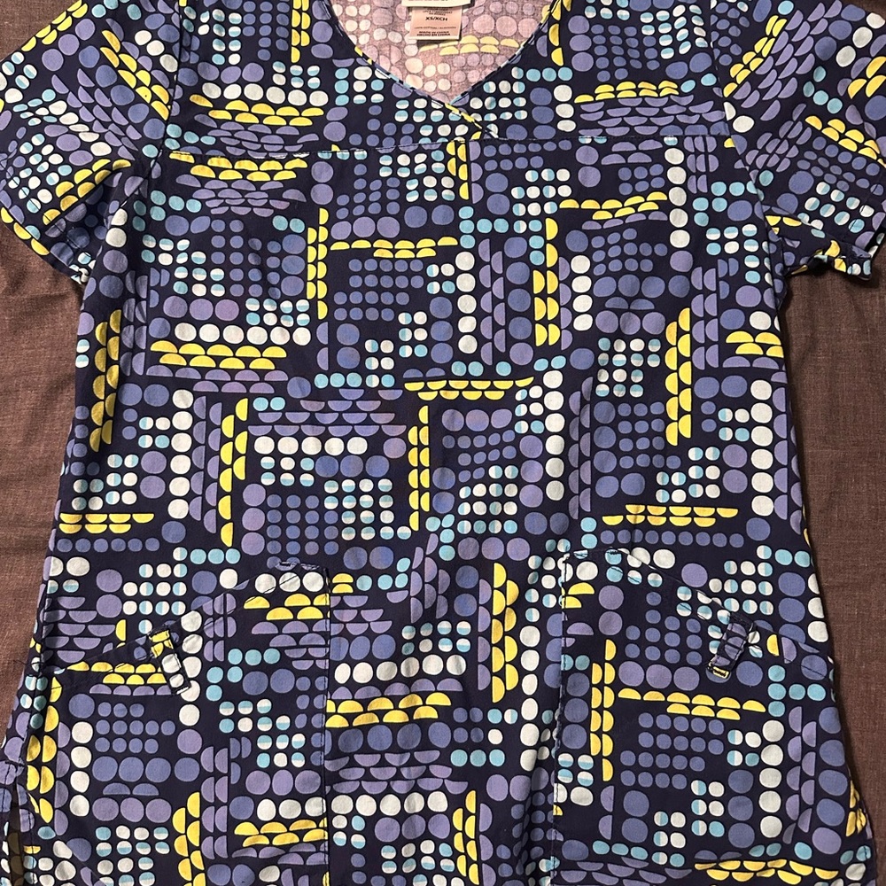 Scrubstar Blue and Yellow Dot Print Top